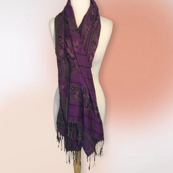 Purple Floral Fringed Pashmina Scarf Wrap - Picture 6 of 8